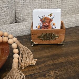 NWOT Highland Cow Coaster Set with Ristic Wooden Box